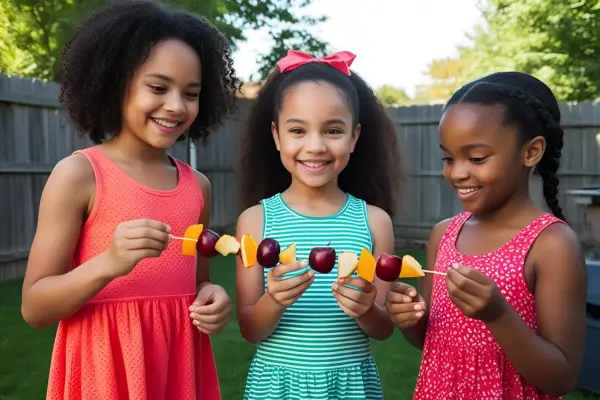 Meninas exibindo orgulhosas um espetinho de frutas colorido feito por elas, celebrando um momento divertido na cozinha.