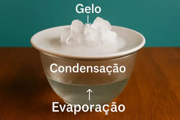 Tigela de vidro com água quente coberta por um prato com cubos de gelo, demonstrando os processos de evaporação e condensação.