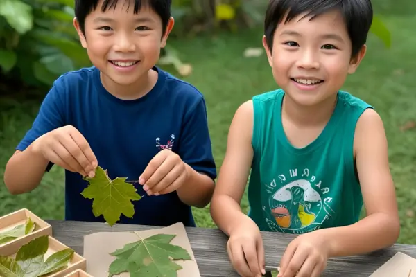 Crianças no jardim reunindo folhas de diferentes formas e tamanhos para criar carimbos naturais, em uma atividade que estimula a criatividade e o contato com a natureza.
