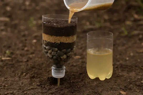 Experimento de filtragem da água feito com garrafas PET, mostrando camadas de areia, terra e pedras que simulam a ação das raízes das árvores na purificação da água.