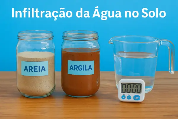 Dois potes de vidro contendo areia e argila, lado a lado, com um medidor de água e cronômetro ao lado, representando o experimento de infiltração da água no solo.
