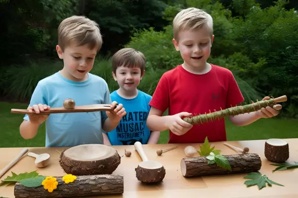 Instrumentos musicais feitos com elementos naturais como sementes, galhos e potes reciclados, resultado de uma atividade de artesanato criativa e sustentável ao ar livre