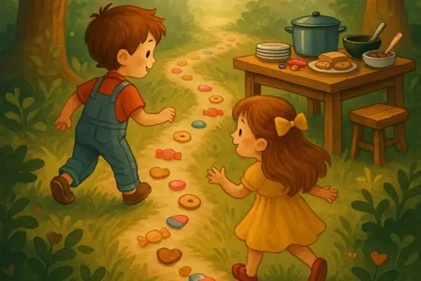 Ilustração infantil colorida mostrando duas crianças caminhando por uma trilha de doces e alimentos no meio da floresta, enquanto seguem a história de João e Maria. A imagem representa uma atividade lúdica para contar histórias ao ar livre de forma interativa e comestível.