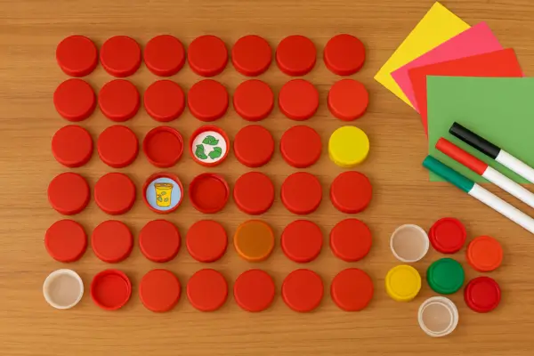 Jogo da memória feito com tampinhas de garrafa e símbolos de reciclagem desenhados à mão, organizados sobre uma mesa de madeira, ao lado de materiais de arte usados na atividade educativa.