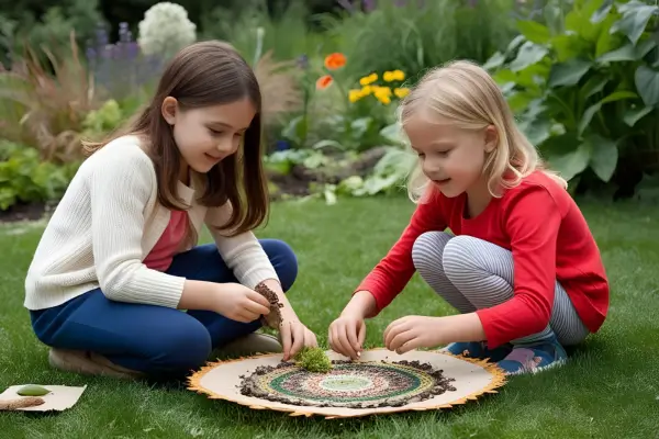 Garotas no jardim montando um painel natural com folhas, flores, sementes e galhos, em uma atividade que estimula a criatividade e o contato sensível com a natureza