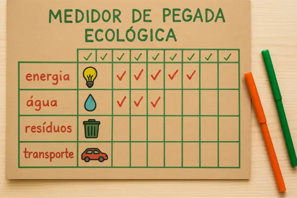 Gráfico feito à mão em papel reciclado com o título “Medidor de Pegada Ecológica”, mostrando categorias como energia, água, resíduos e transporte, com ícones coloridos e marcações, em uma atividade educativa e ecológica.