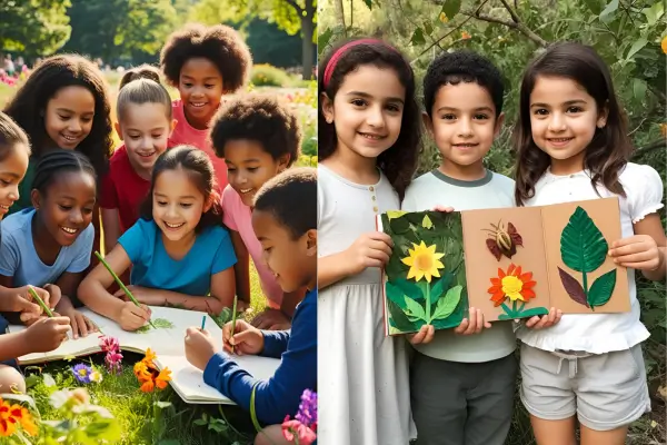 Crianças confeccionam diários personalizados para registrar suas observações e descobertas na natureza durante atividades ao ar livre.