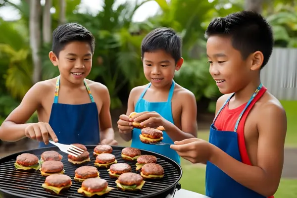 Crianças preparam mini hambúrgueres em uma churrasqueira ao ar livre, participando ativamente de receitas simples e divertidas em contato com a natureza.