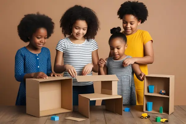 Meninas criam móveis com caixas de papelão recicladas, cortando, montando e decorando as peças durante uma atividade criativa que estimula a reciclagem e o reaproveitamento de materiais.