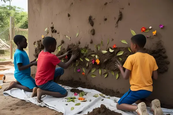 Crianças criando um mural de lama ao ar livre, usando as mãos, pincéis e elementos naturais em uma atividade de artesanato que estimula a criatividade e a conexão com a natureza.