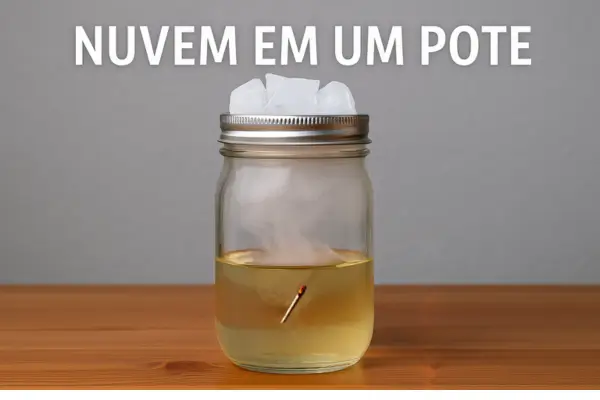 Pote de vidro com água quente e tampa metálica coberta com gelo, mostrando vapor se acumulando no interior como uma nuvem e um fosforo queimado.