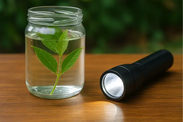Experimento científico com folhas verdes submersas em um pote de vidro com água, iluminadas por uma lanterna, demonstrando a liberação de oxigênio pelas árvores através da fotossíntese.
