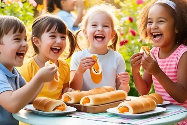 Crianças felizes saboreiam pãezinhos recheados com queijo e geleia, aproveitando um momento delicioso e divertido.