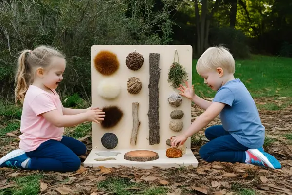 Crianças explorando um painel sensorial feito com elementos naturais, em uma atividade ao ar livre que transforma o espaço em um estúdio de arte sensorial e criativo.