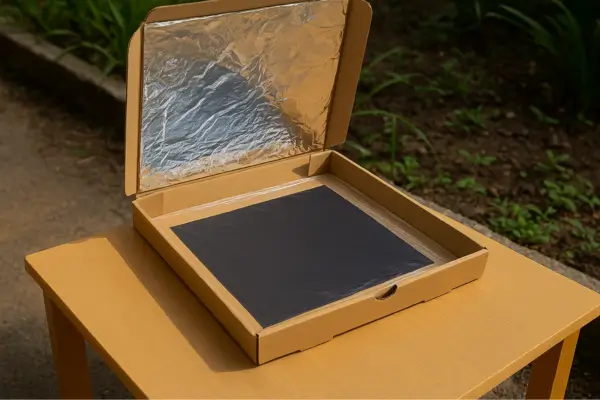 Caixa de pizza transformada em um forno solar caseiro em uma atividade ecológica, com papel alumínio, papel preto e filme plástico, posicionada ao ar livre para demonstrar o uso sustentável da energia solar.