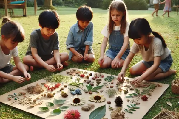 Criancas no jardim criando um painel artístico com materiais naturais como folhas, flores, sementes e galhos – uma atividade que desperta a criatividade e o olhar atento para a natureza
