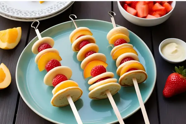 Mini panquecas intercaladas com frutas frescas em palitos, como parte de uma atividade de culinária criativa para crianças ao ar livre.