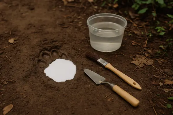 Molde de gesso branco preenchendo uma pegada animal em solo úmido, com pote de água, pincel e espátula ao lado, em meio à natureza, cercado por folhas secas e vegetação.