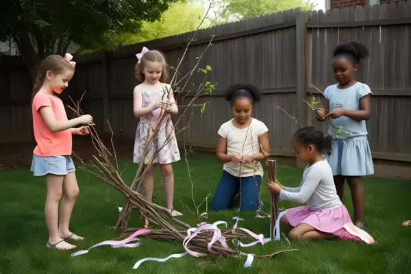 Crianças no jardim organizando galhos e ramos, se preparando para criar esculturas ao ar livre em uma atividade de arte inspirada na natureza.