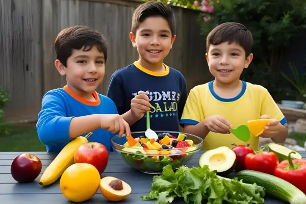 Meninos preparam uma salada colorida de frutas e legumes no jardim, explorando sabores e texturas em uma atividade lúdica que incentiva a autonomia e o prazer de cozinhar ao ar livre.