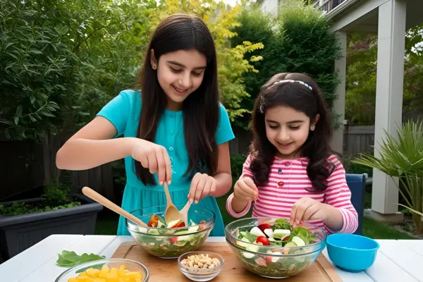 Duas meninas montando uma salada colorida no quintal, explorando a cozinha de forma divertida e natural.