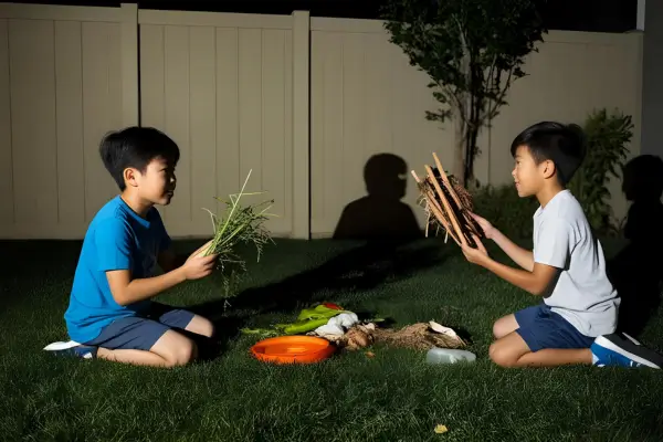 Crianças diversas brincando ao ar livre em um jardim, criando um teatro de sombras com fantoches feitos de folhas, flores e galhos, em uma atividade de arte que estimula a criatividade, a imaginação e o contato com a natureza.