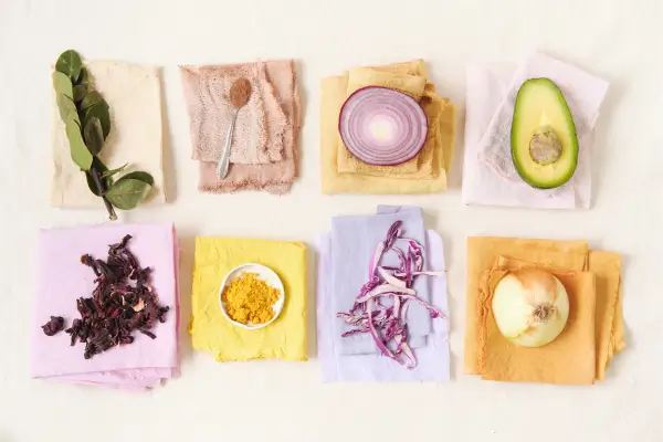 Tintas feitas com frutas, legumes e fibras naturais , prontas para uso em atividades criativas em um estúdio de arte ao ar livre e sustentável.
