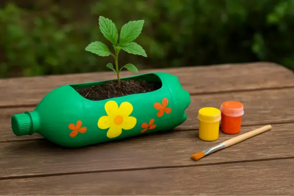 Vaso feito com garrafa PET reciclada, pintado de verde com flores coloridas, contendo uma pequena planta, sobre uma mesa de madeira ao ar livre com materiais de pintura ao lado — uma atividade criativa de reciclagem e jardinagem.