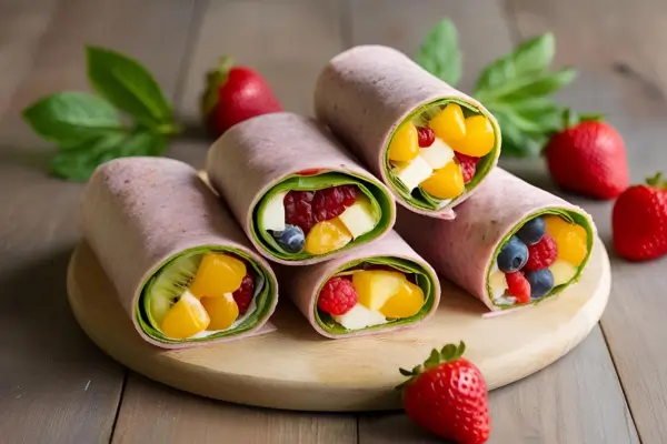 Bandeja redonda com wraps de frutas frescas, uma opção divertida e nutritiva para os lanches dos pequenos