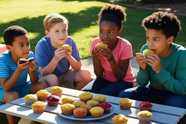 Crianças sentadas ao redor de uma mesa no quintal comendo muffins ao ar livre, enquanto um dos meninos segura um livro nas mãos, em um momento lúdico e acolhedor.