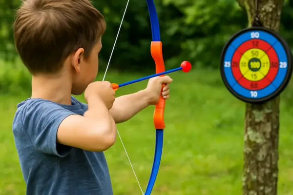 Menino mais velho apontando arco com flecha de ventosa para um alvo colorido pendurado em árvore.