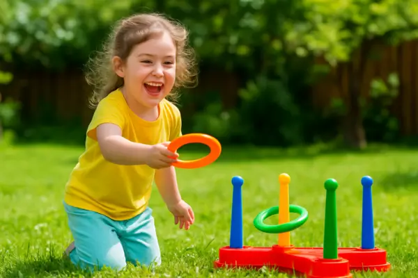 Criança jogando argolas coloridas em alvos no jardim, sorrindo com entusiasmo.