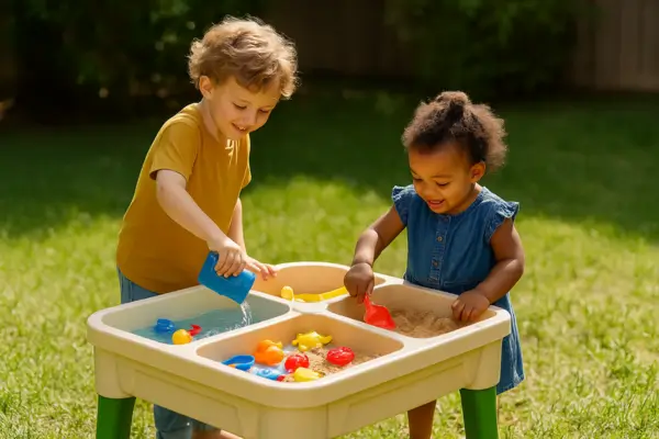 Mesa plástica infantil com compartimentos cheios de água, areia e brinquedos, com duas crianças brincando em pé ao redor.