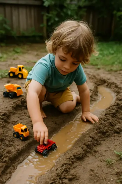 Criança brincando com carrinhos em uma pista improvisada de areia e água no quintal.